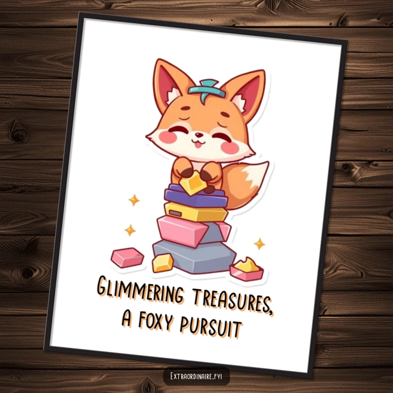 Funny Free Printable Wall Art: A mischievous fox with a gleam in its eye balances a comical stack of shiny, stolen objects.