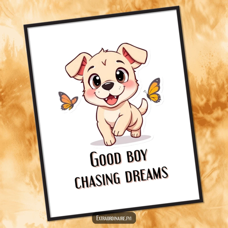 Funny Free Printable Wall Art: A playful dog with huge, happy eyes joyfully chases a fluttering butterfly.