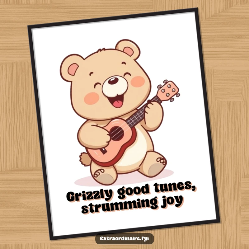Funny Free Printable Wall Art: A beaming bear joyfully strums a miniature ukulele, creating a cheerful, musical atmosphere.