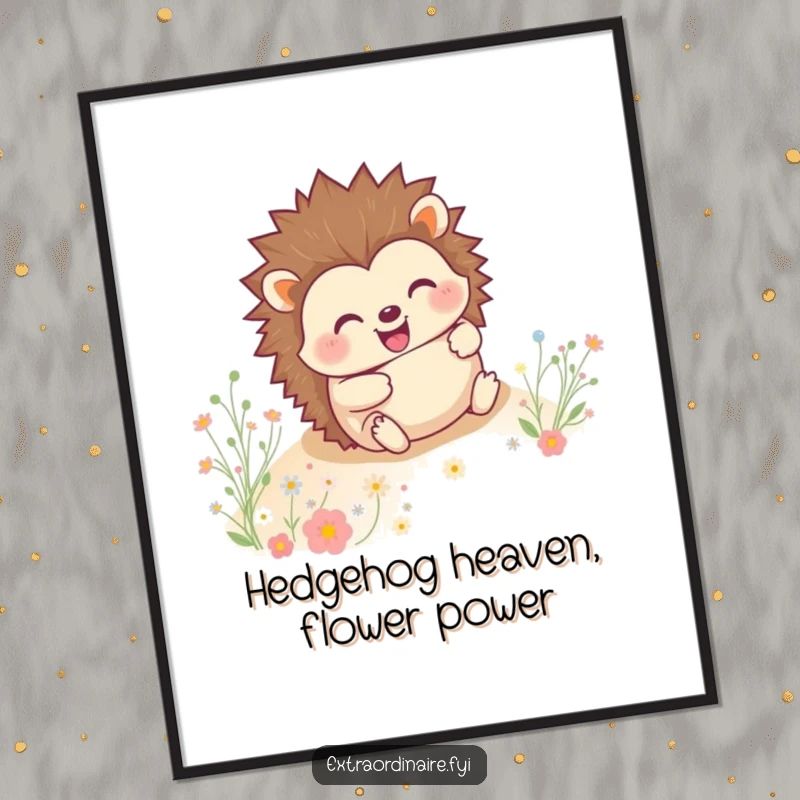 Funny Free Printable Wall Art: Happy hedgehog rolling downhill with a big grin, surrounded by blooming tiny flowers.