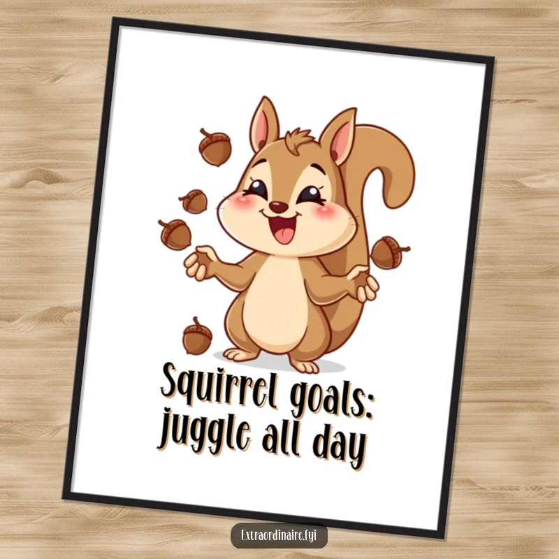 Funny Free Printable Wall Art of a cheerful squirrel demonstrating extreme concentration while juggling a pile of acorns with a wide grin.