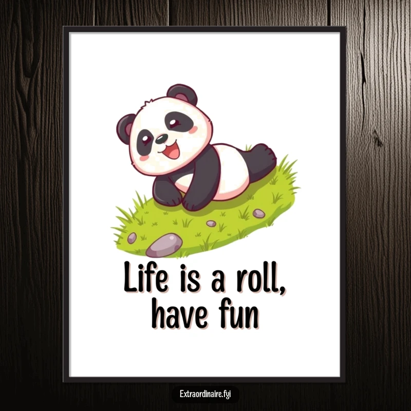 Funny Free Printable Wall Art: A playful panda character joyfully rolls down a green grassy hill, evoking pure, uninhibited fun.
