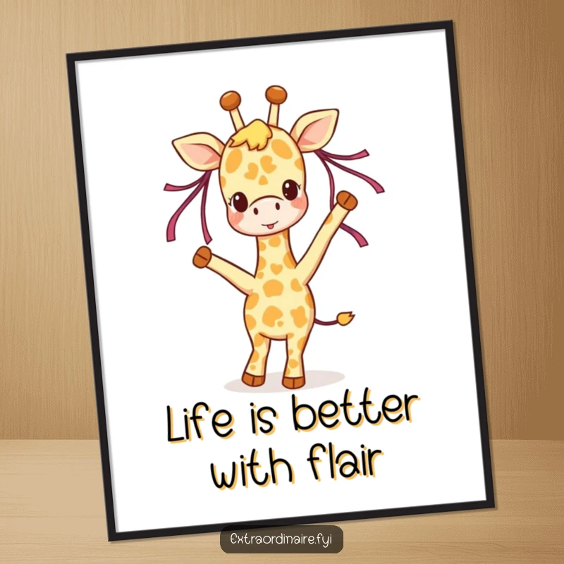 Funny Free Printable Wall Art depicting a joyful giraffe character energetically dancing with colorful ribbons in its flowing mane.