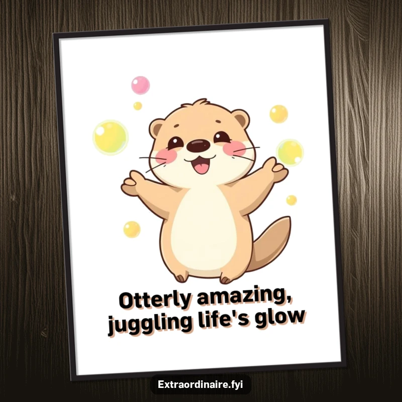 Funny Free Printable playful otter happily juggling glowing orbs on wall art.