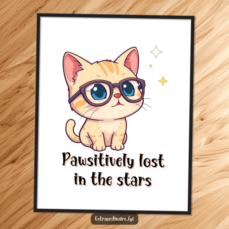Funny Free Printable Wall Art: A curious cat wearing oversized spectacles, peering intently into a vast, starry void.