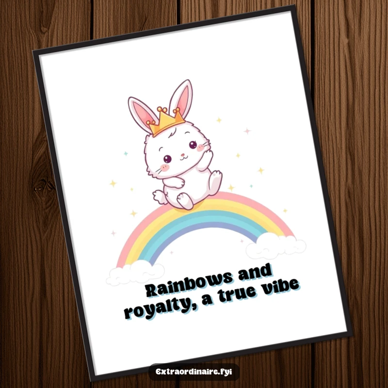 Funny Free Printable Wall Art depicting a crowned bunny soaring over a magical, sparkling rainbow.