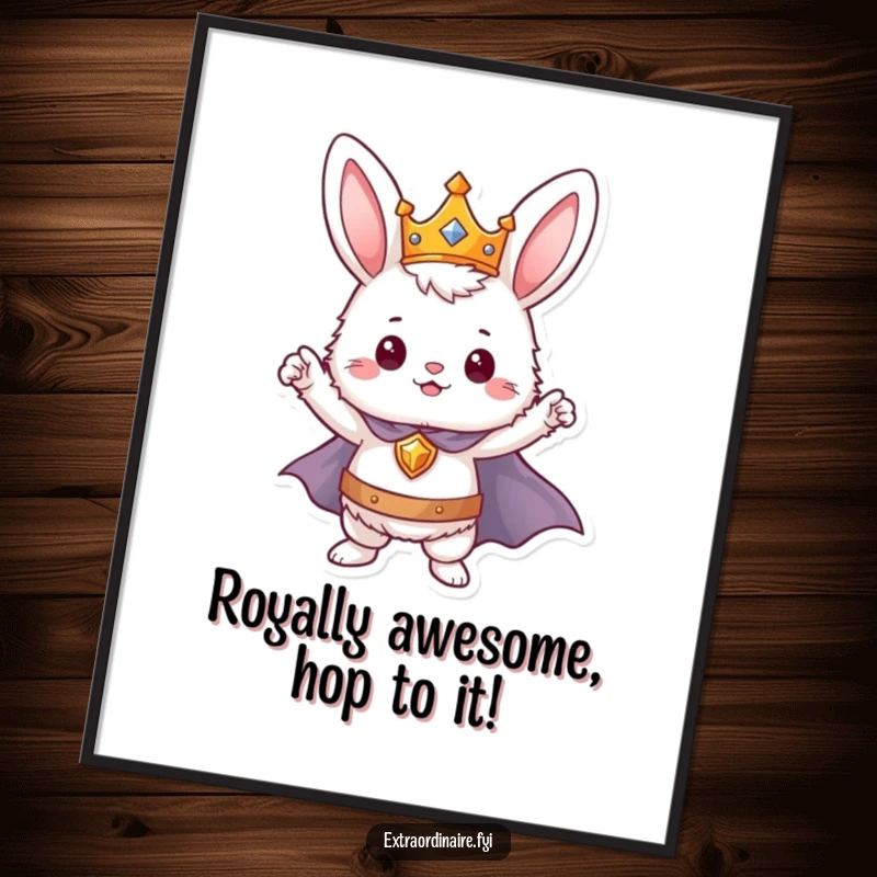 Funny Free Printable Wall Art of a fluffy bunny hero wearing a crown and cape, striking a brave and heroic pose.