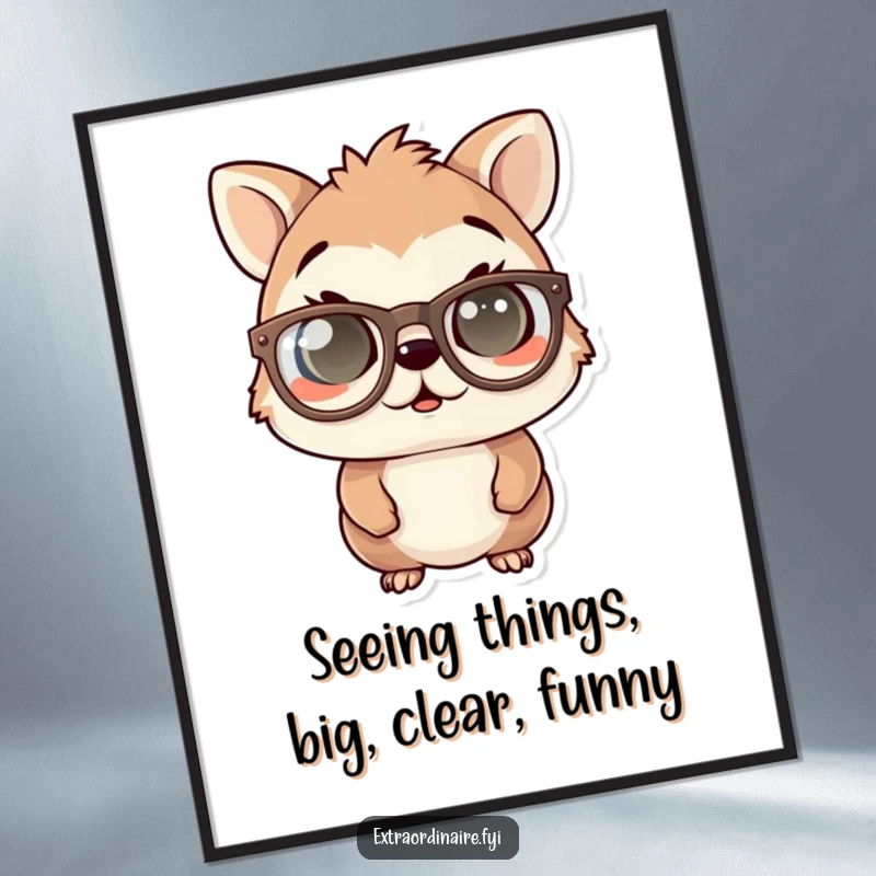 Funny free printable wall art: An animal comically surprised behind giant eyeglasses, eyes comically wide. A hilarious statement piece!