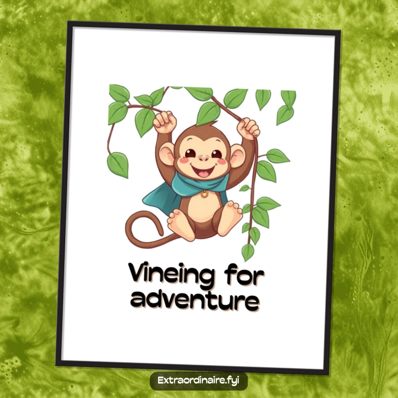 Funny Free Printable Wall Art: A happy monkey wearing a minuscule cape swings from a vine, adding quirky decor.