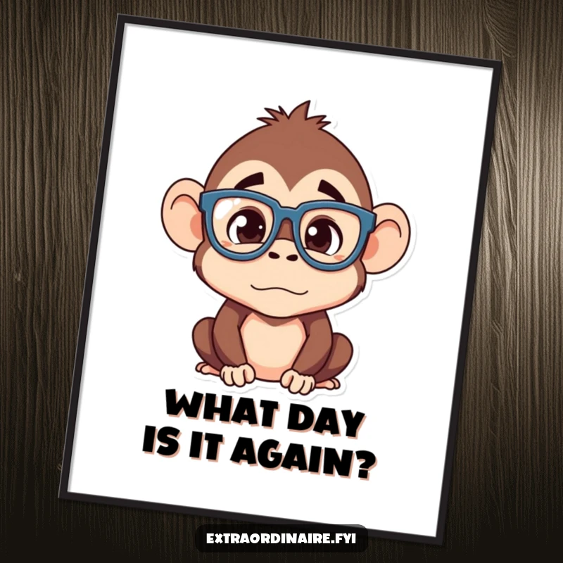 Funny Free Printable Wall Art of a silly monkey wearing enormous glasses, looking completely confused and bewildered.