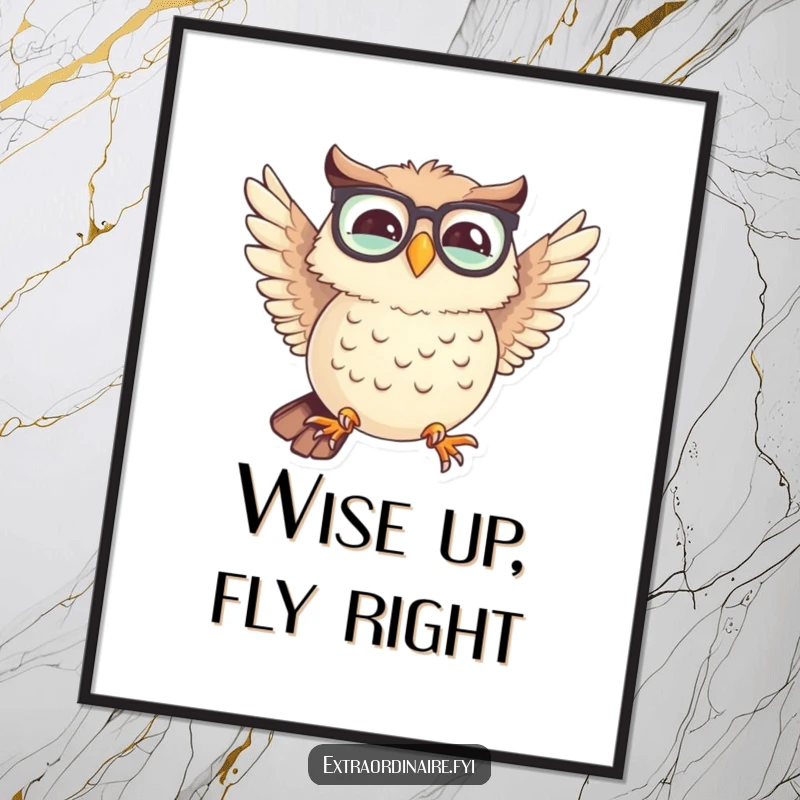 Funny Free Printable Wall Art: A giggling owl wearing spectacles attempts to fly with hilariously mismatched wings.