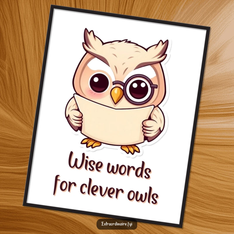 Funny Free Printable Wall Art: An owl sporting a monocle reads a scroll, exuding learned humor.