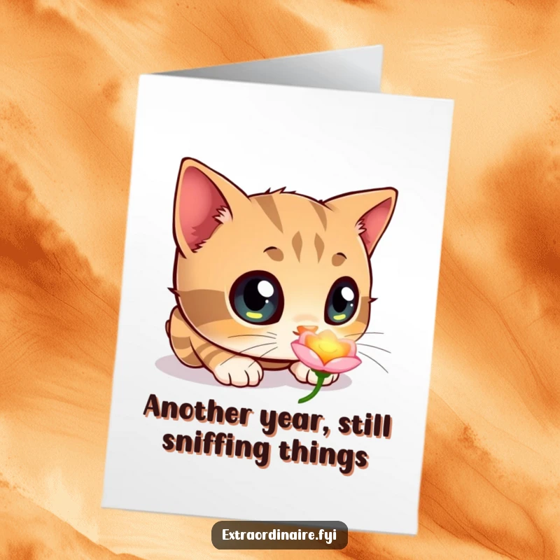 Funny Free Printable Birthday Card showing a wide-eyed, curious cat investigating a brightly glowing, magical flower.