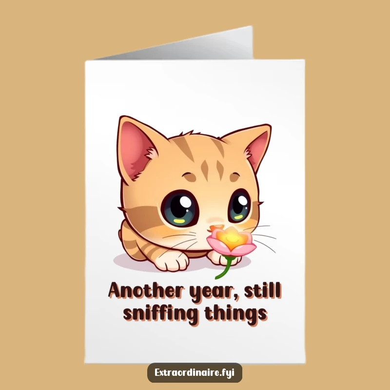 Free Printable Birthday Card: Curious Cat Glowing Flower Funny Downloadable Gift