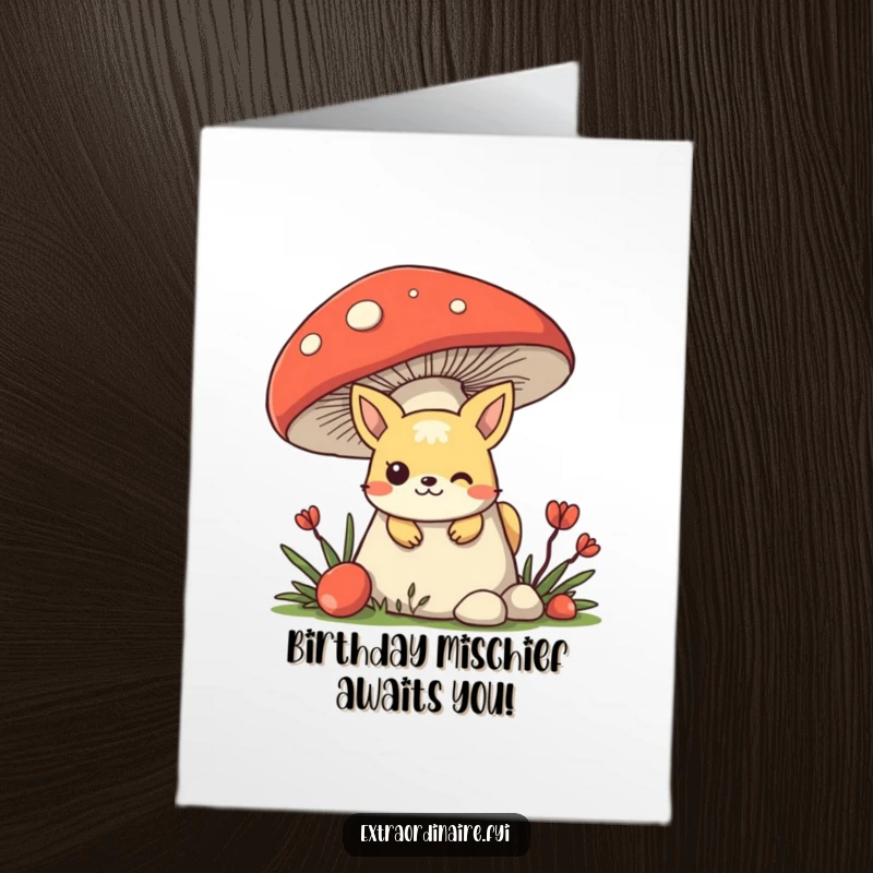 Funny Free Printable Birthday Card: A mischievous animal character peeking out from behind a giant mushroom with a cheeky grin.