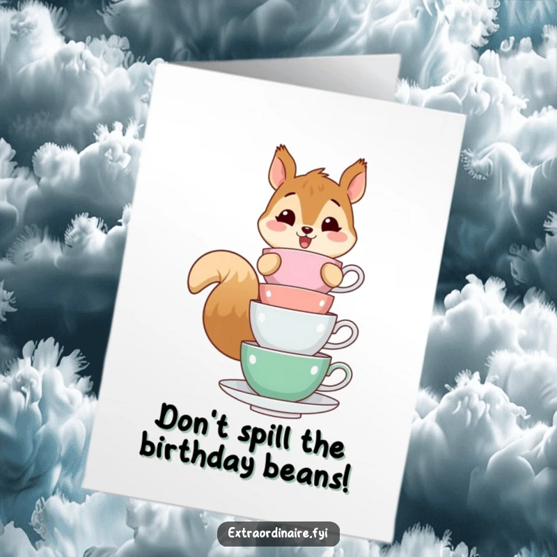 Funny Free Printable Birthday Card: A cheerful squirrel precariously balancing a tall stack of colorful teacups, looking focused.