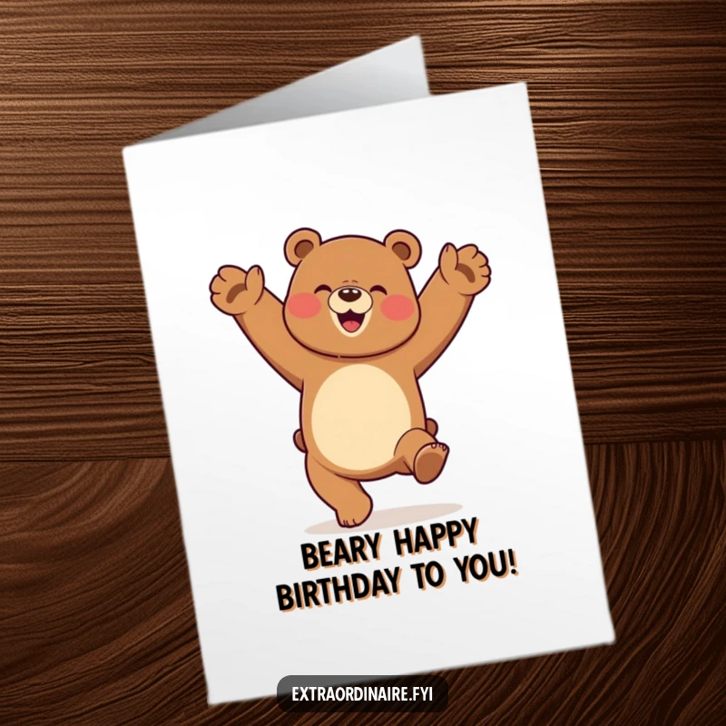 Funny Free Printable Birthday Card: A joyful bear character doing a cartwheel, looking ecstatic and full of energy.