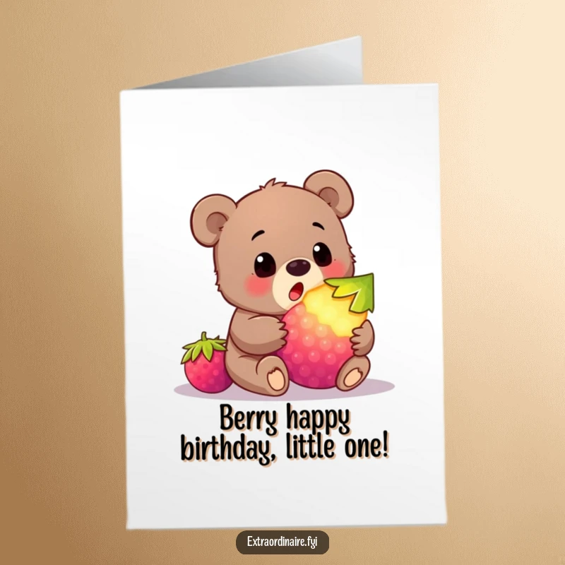 Funny Free Printable Birthday Card: Wide-eyed bear cub in shock finding a huge, radiant glowing berry.
