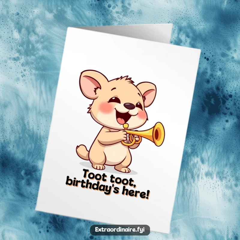 Funny Free Printable Birthday Card: Animal character joyfully playing a tiny trumpet with a huge, beaming smile.