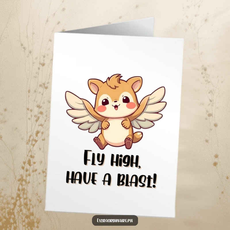 Funny free printable birthday card: A determined animal comically flapping tiny wings, attempting flight. Full of hopeful absurdity!