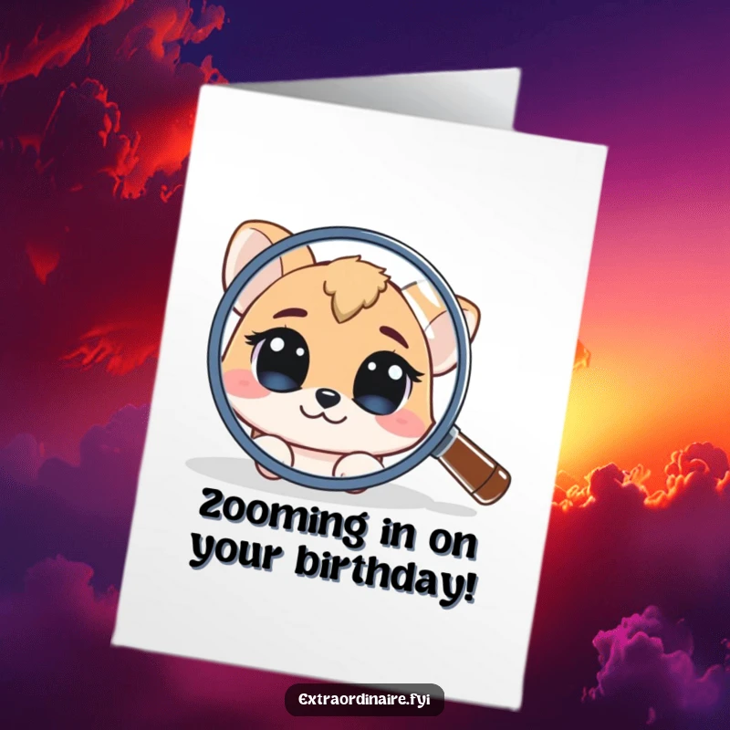 Funny Free Printable Birthday Card: Curious animal character peeking with wide eyes from behind a giant magnifying glass.