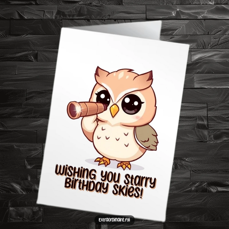 Funny Free Printable Birthday Card: A curious owl with wide eyes peers through a sparkling telescope, searching for birthday stars.