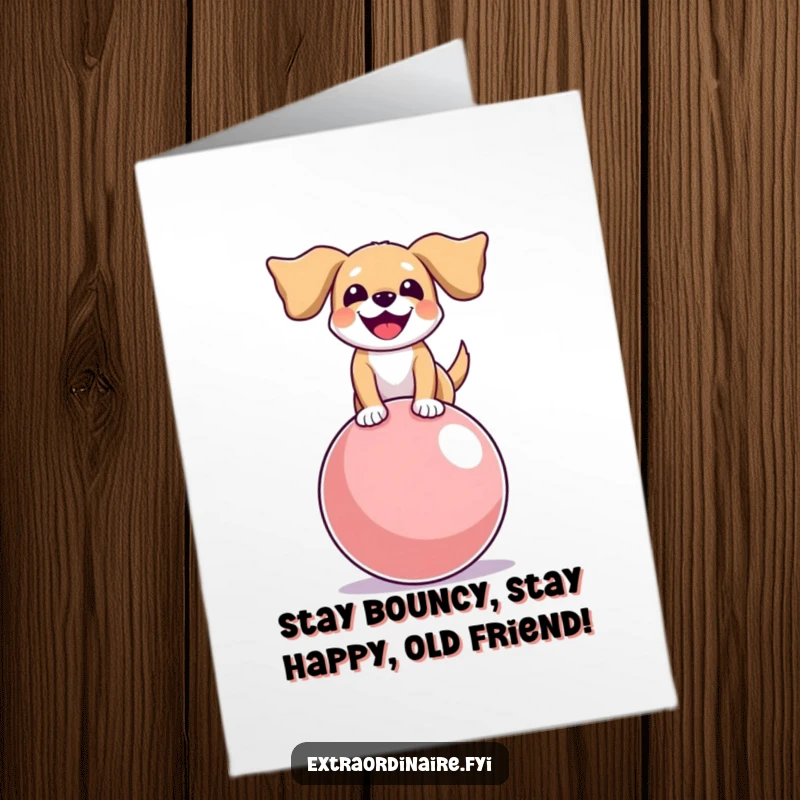 Funny Free Printable Birthday Card of a happy dog with floppy ears expertly balancing on a huge, colorful bouncy ball.