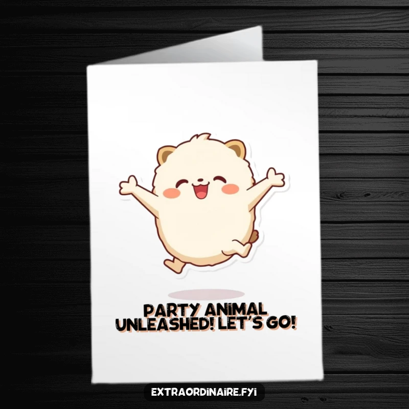 Funny Free Printable Birthday Card: Fluffy round animal leaping excitedly with outstretched arms, spreading pure joy.