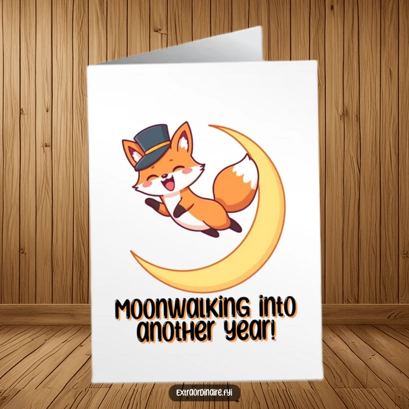 Funny Free Printable Birthday Card: Excited fox wearing a tiny top hat, leaping joyfully over a crescent moon.