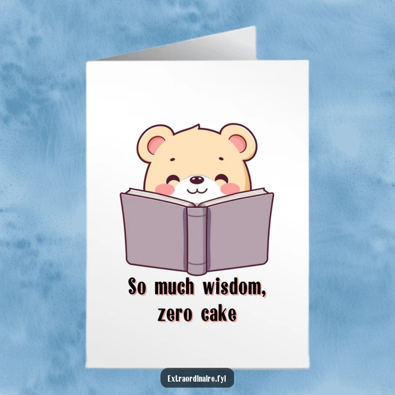 Funny Free Printable Birthday Card: Smiling bear playfully peeks over a giant book, ideal for bookworms.