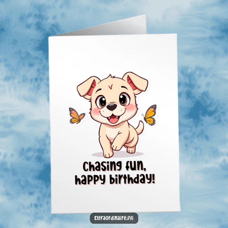 Funny Free Printable Birthday Card: A happy dog with big eyes joyfully chases a fluttering butterfly, wishing happy birthday.