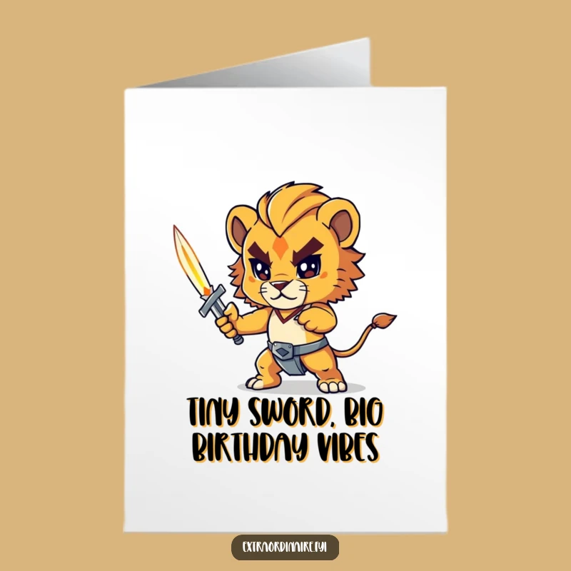 Free Printable Birthday Card: Funny Lion Cub Sword Greeting, Epic Downloadable Gift Idea