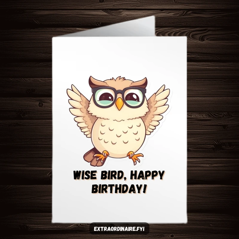 Funny Free Printable Birthday Card: A giggling spectacled owl tries flying with mismatched wings, wishing happy birthday.