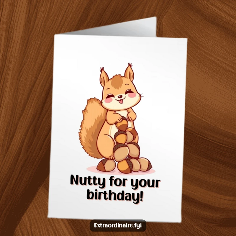Funny Free Printable Birthday Card: A happy squirrel giggles while balancing a huge pile of acorns.