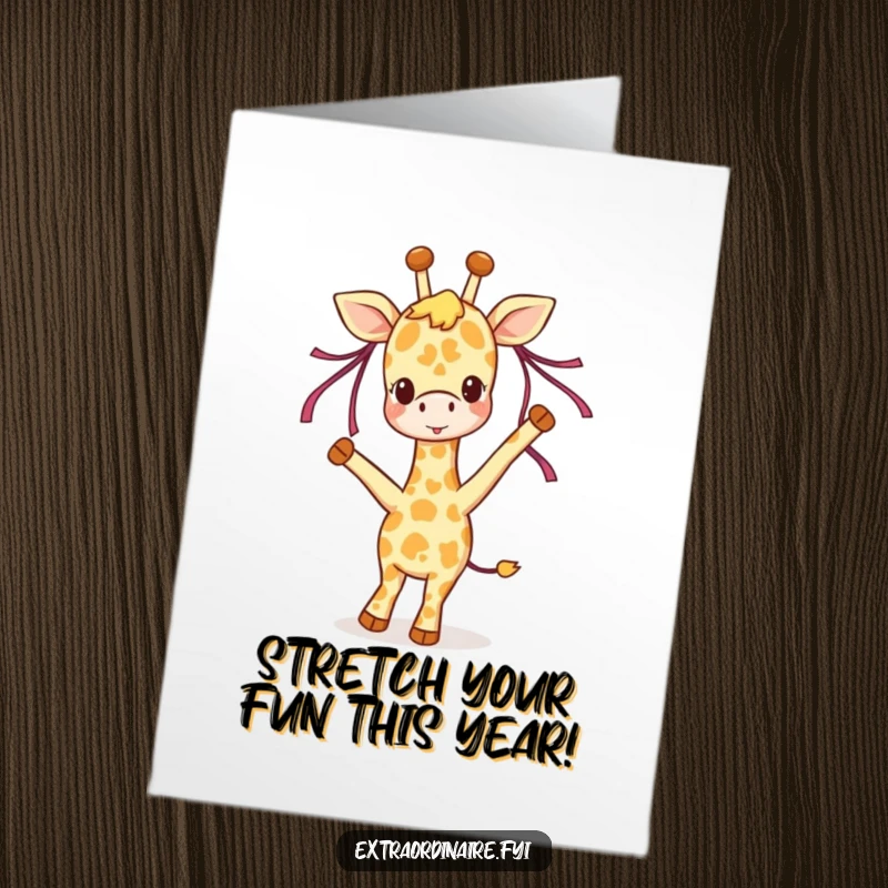 Funny Free Printable Birthday Card featuring a joyful giraffe character happily dancing with colorful ribbons flowing through its mane.