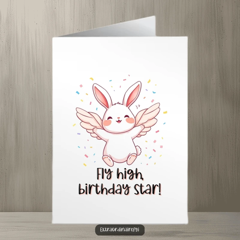 Funny Free Printable Birthday Card: Winged rabbit joyfully soaring through a colorful confetti shower, ready to celebrate.