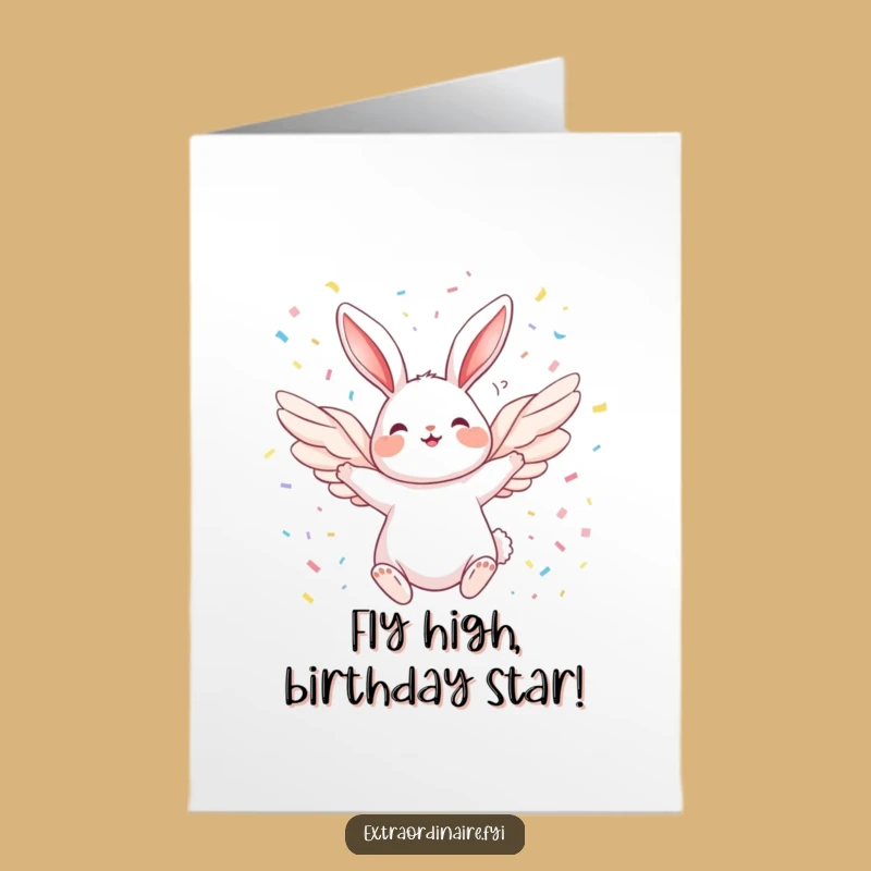 Free Printable Birthday Card: Joyful Winged Rabbit Soaring Fun Downloadable Greeting