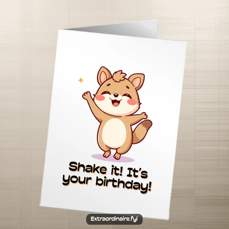 Funny Free Printable Birthday Card: Jubilant animal character doing a wildly silly and energetic dance move.