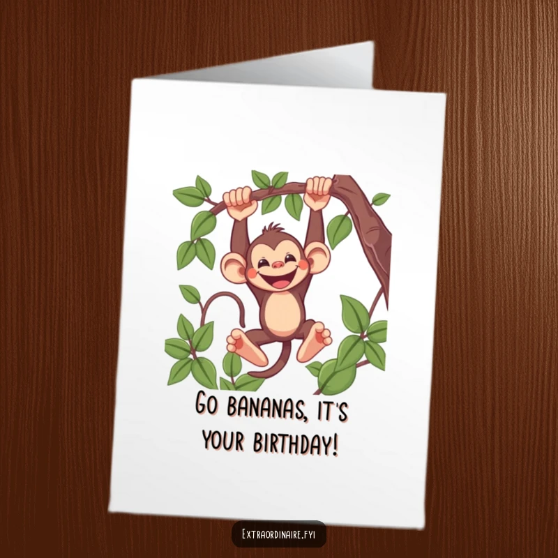 Funny Free Printable Birthday Card: Mischievous monkey swinging victoriously from a vine, spreading birthday cheer with a huge grin.