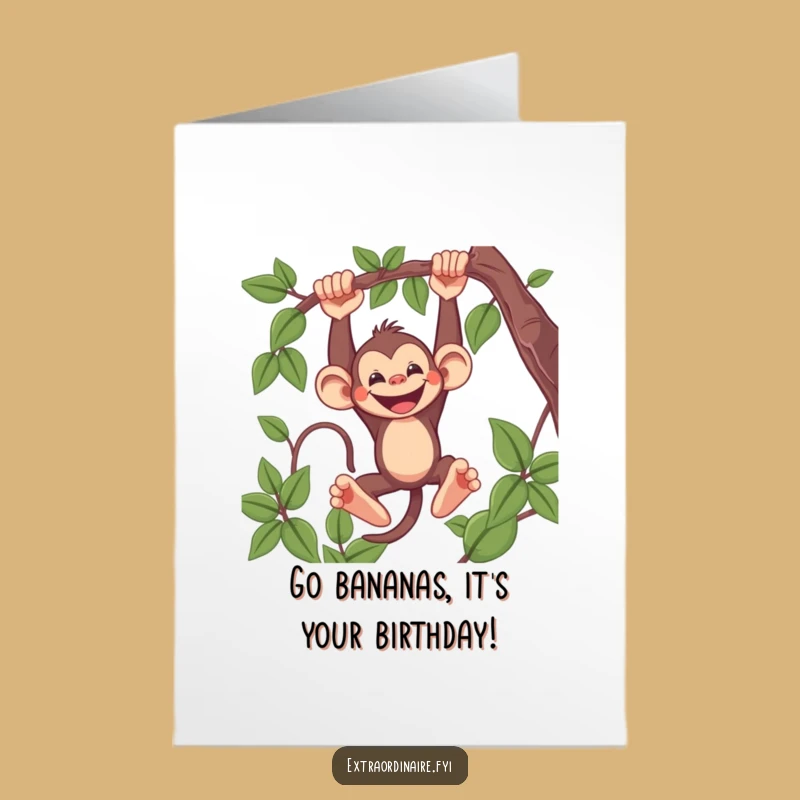 Free Printable Birthday Card: Mischievous Monkey swinging for funny downloadable gift!