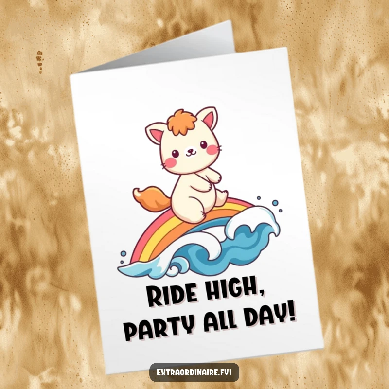 Funny free printable birthday card: A joyful animal happily riding a vibrant rainbow, waving with glee. Pure birthday bliss!