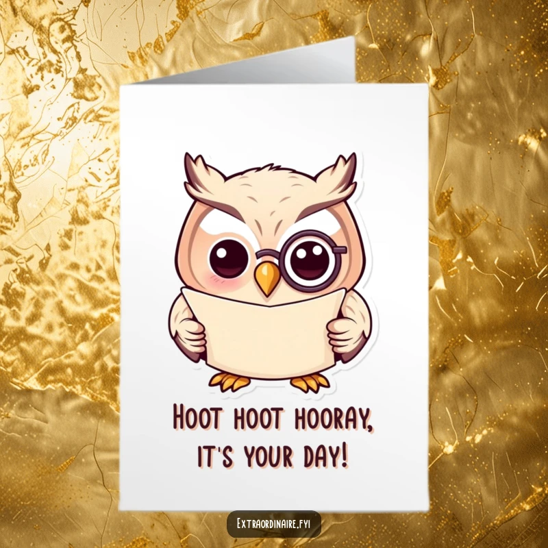 Funny Free Printable Birthday Card: Cheerful owl in a monocle reads an important scroll, looking quite dapper.