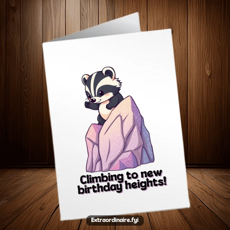 Free Printable Birthday Card featuring a brave badger heroically climbing a miniature glittery mountain.