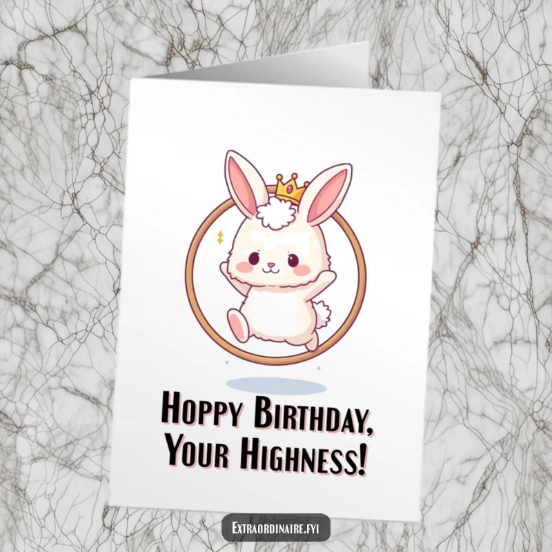 Funny Free Printable Birthday Card: Fluffy bunny wearing a tiny crown leaps through a hoop, a celebratory birthday wish.