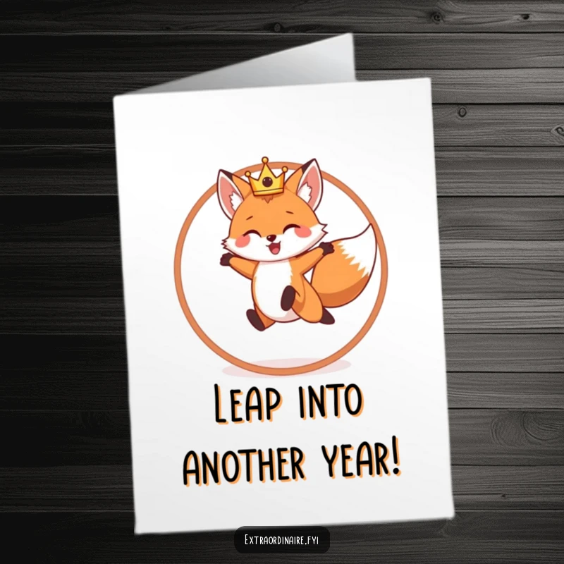 Funny Free Printable Birthday Card: A cheerful fox wearing a tiny crown, leaping joyfully through a hoop.