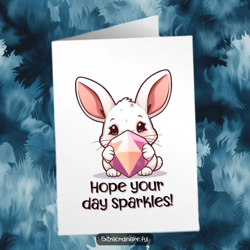 Funny Free Printable Birthday Card: A curious rabbit with big ears peeking from behind a sparkling gem, a sweet surprise.