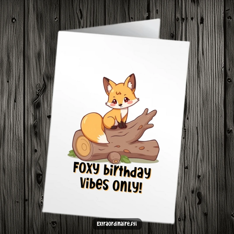 Funny Free Printable Fox Birthday Card: Playful fox posing elegantly on a log, wishing a foxy birthday.