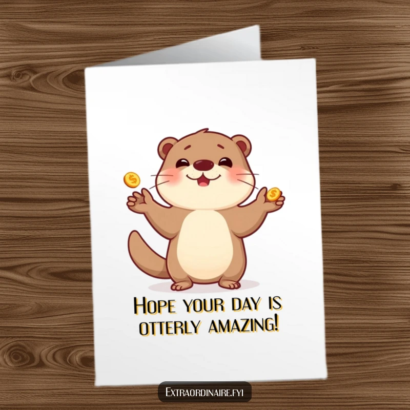 Funny Free Printable Birthday Card: A cheerful otter juggling shiny golden coins with glee.