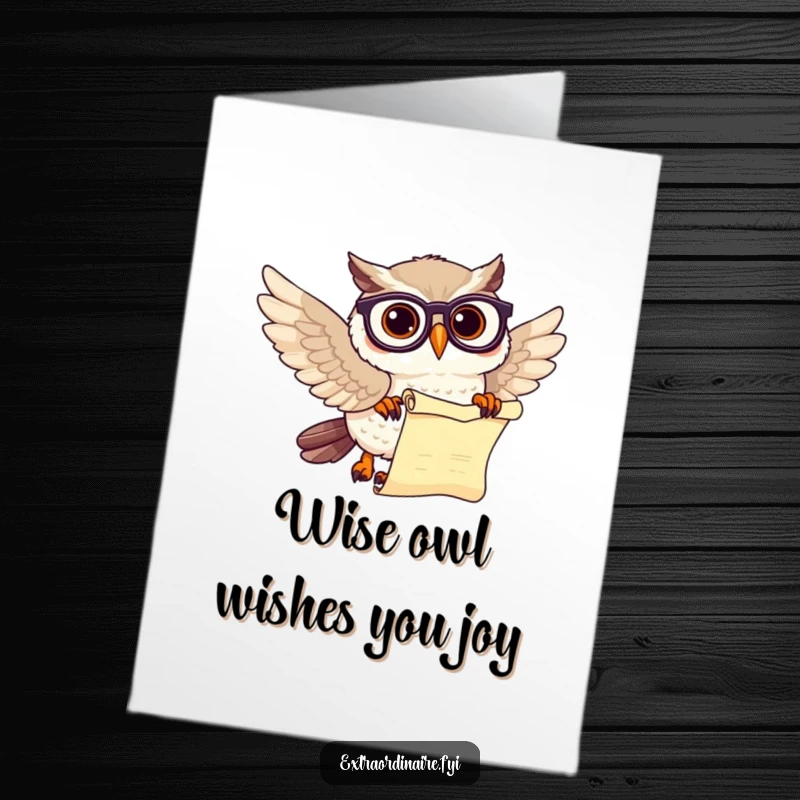 Funny Free Printable Birthday Card: Wise owl with spectacles and scroll, ready to deliver birthday wishes with humor.