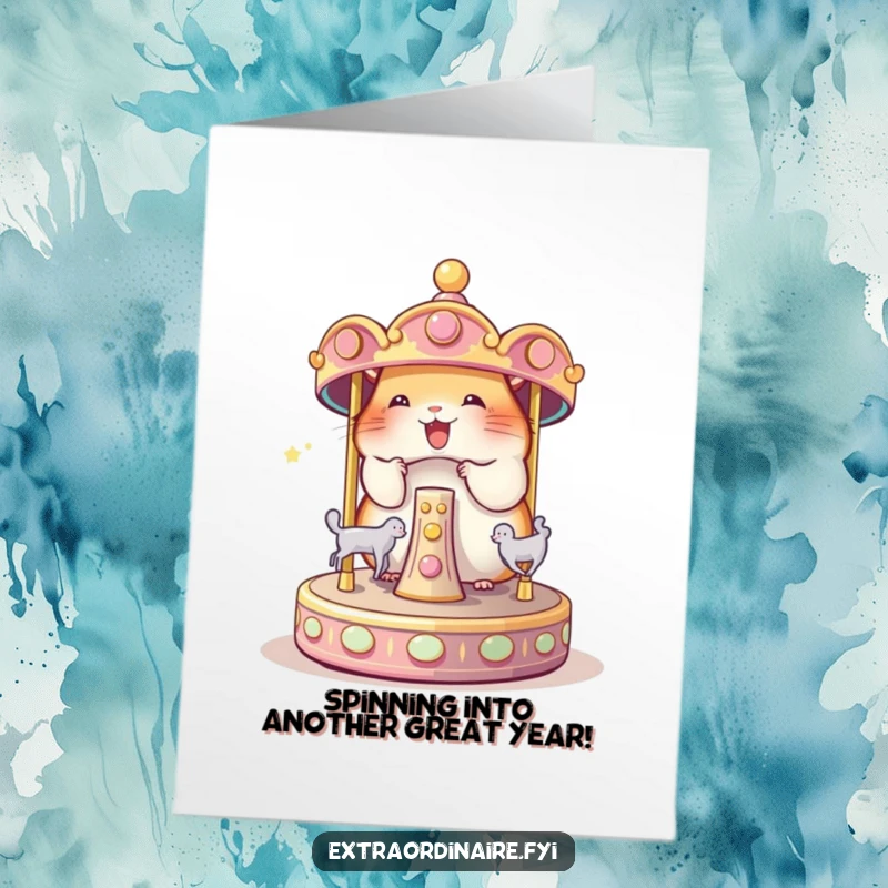 Funny Free Printable Birthday Card: A delighted hamster gleefully spins a miniature, magical carousel, spreading birthday wishes.
